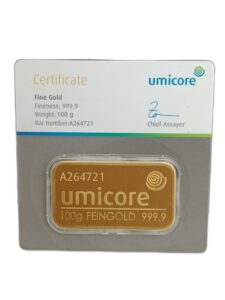 Goudbaar 100 gram umicore voorkant certificaat