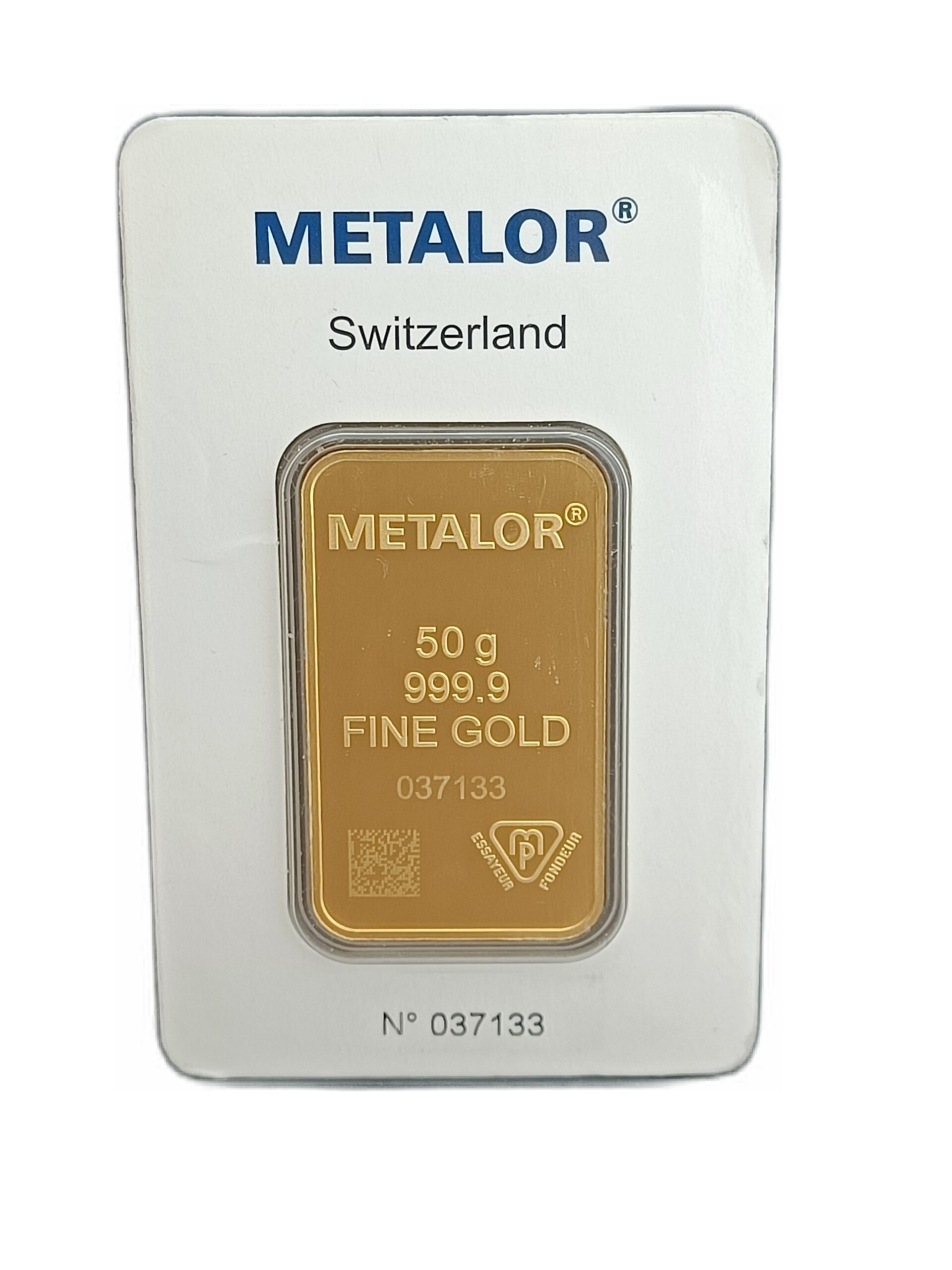 Goudbaar 50 gram Metalor in blister voorkant