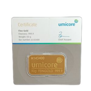 Goudbaar 50 gram Umicore certificaat voorkant