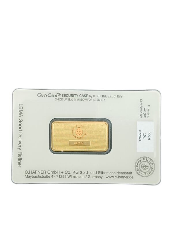Goudbaar 10 gram C. Hafner achterkant certificaat