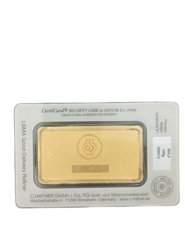 Goudbaar-100-gram-Hafner-certificaat-achterkant